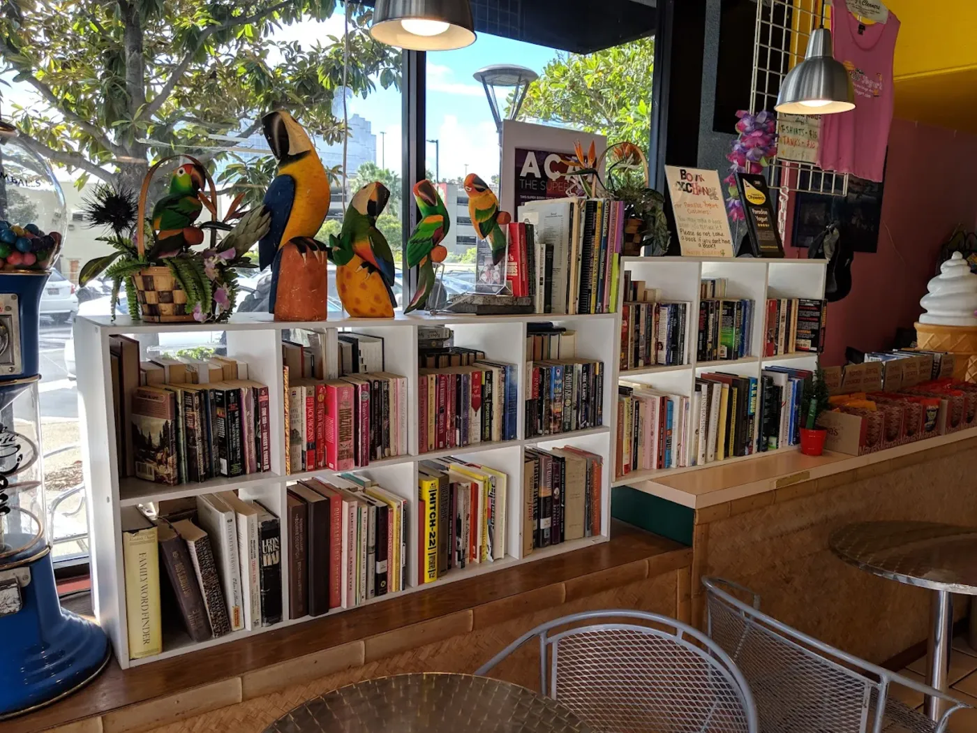 A whole wall of free used books at Paradise Yogurt, with carved wooden parrots perched on top and café tables nearby